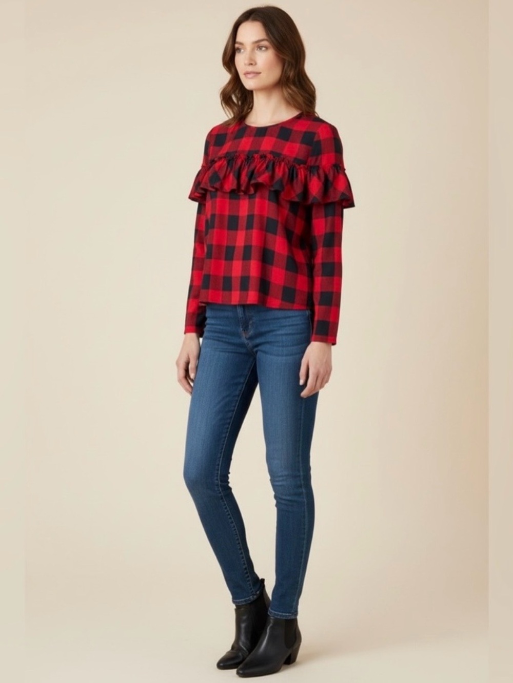 Crown + Ivy Long Sleeve Plaid Ruffle Blouse // Red & Blue // Large